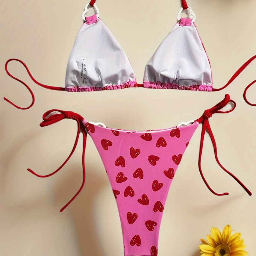 sexy two-piece swimsuit for women, backless halter neck tied bikini with print triangle bikini