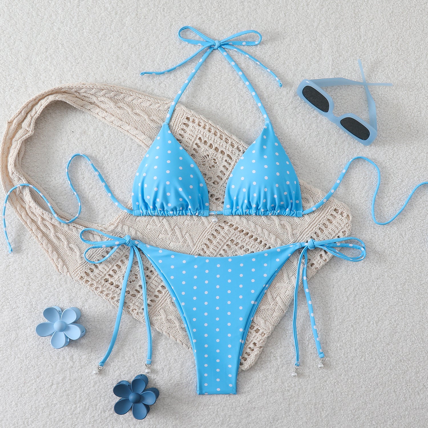 Fresh Dot Print, Strapless Halter Neck, Two-Piece Bikini Swimwear