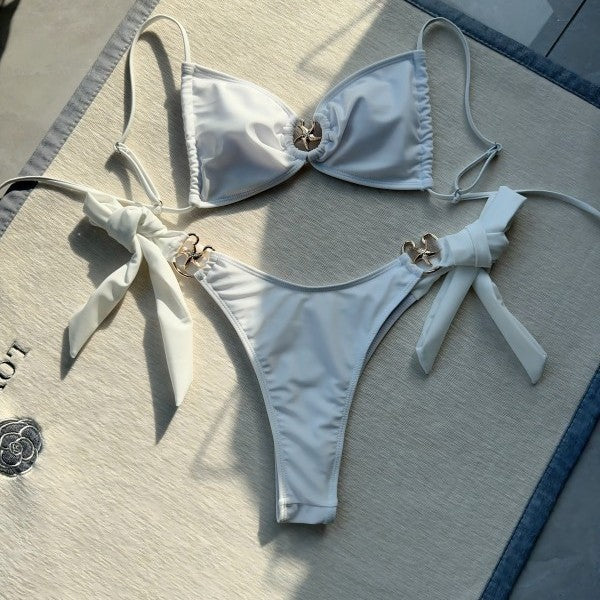 solid color two-piece swimsuit starfish sexy strap drawstring bikini