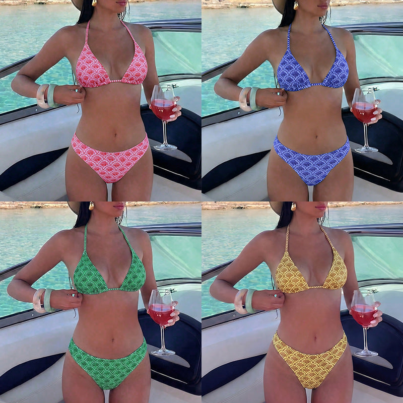 Printed neck strap triangle cup sexy bikini vacation swimsuit