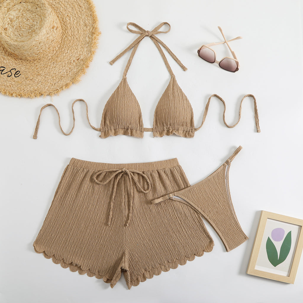 Three piece swimsuit bikini with neck tie and split flat angle pants