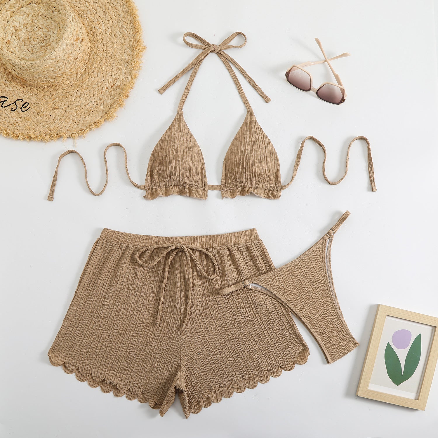 Three piece swimsuit bikini with neck tie and split flat angle pants
