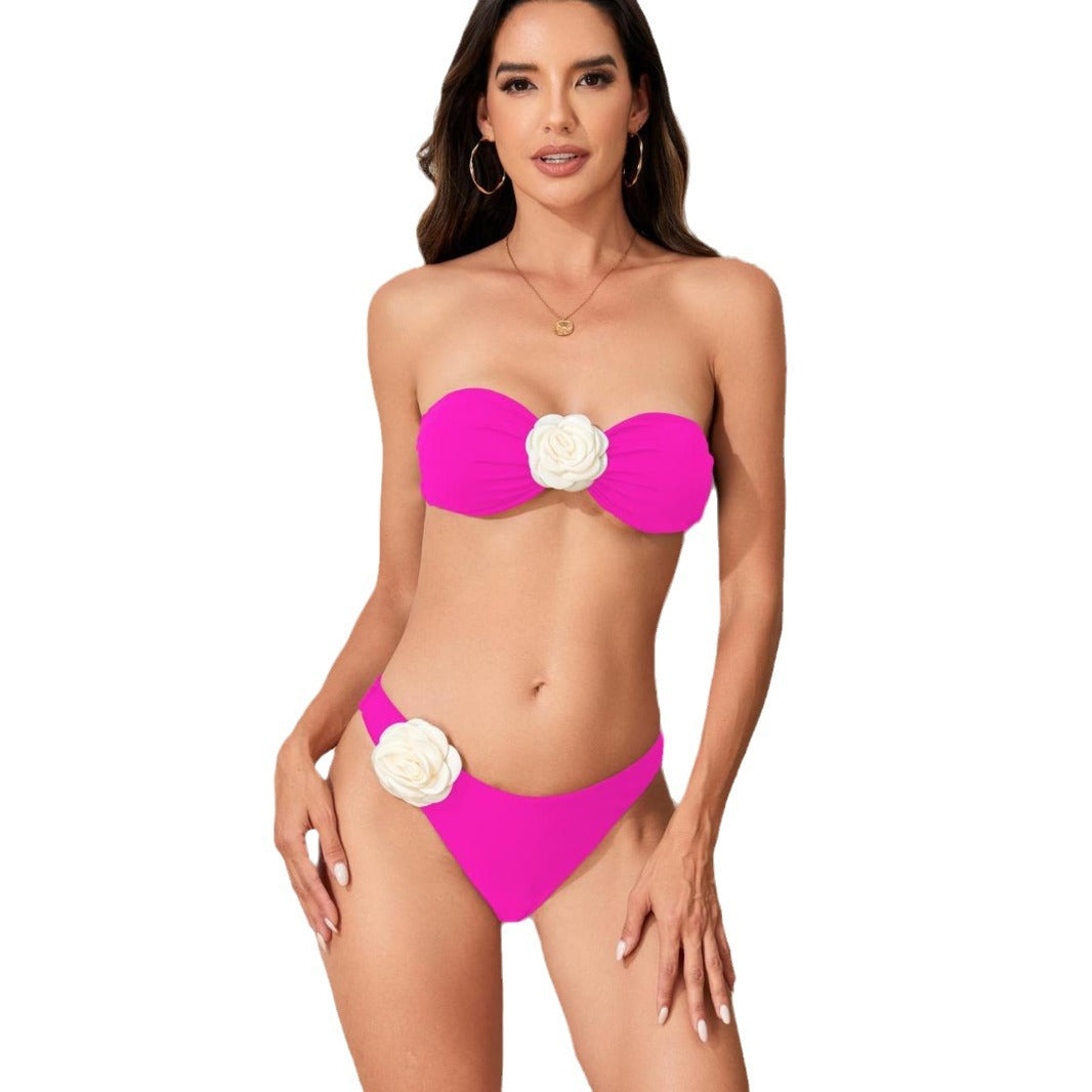 Solid color 3D floral bikini split