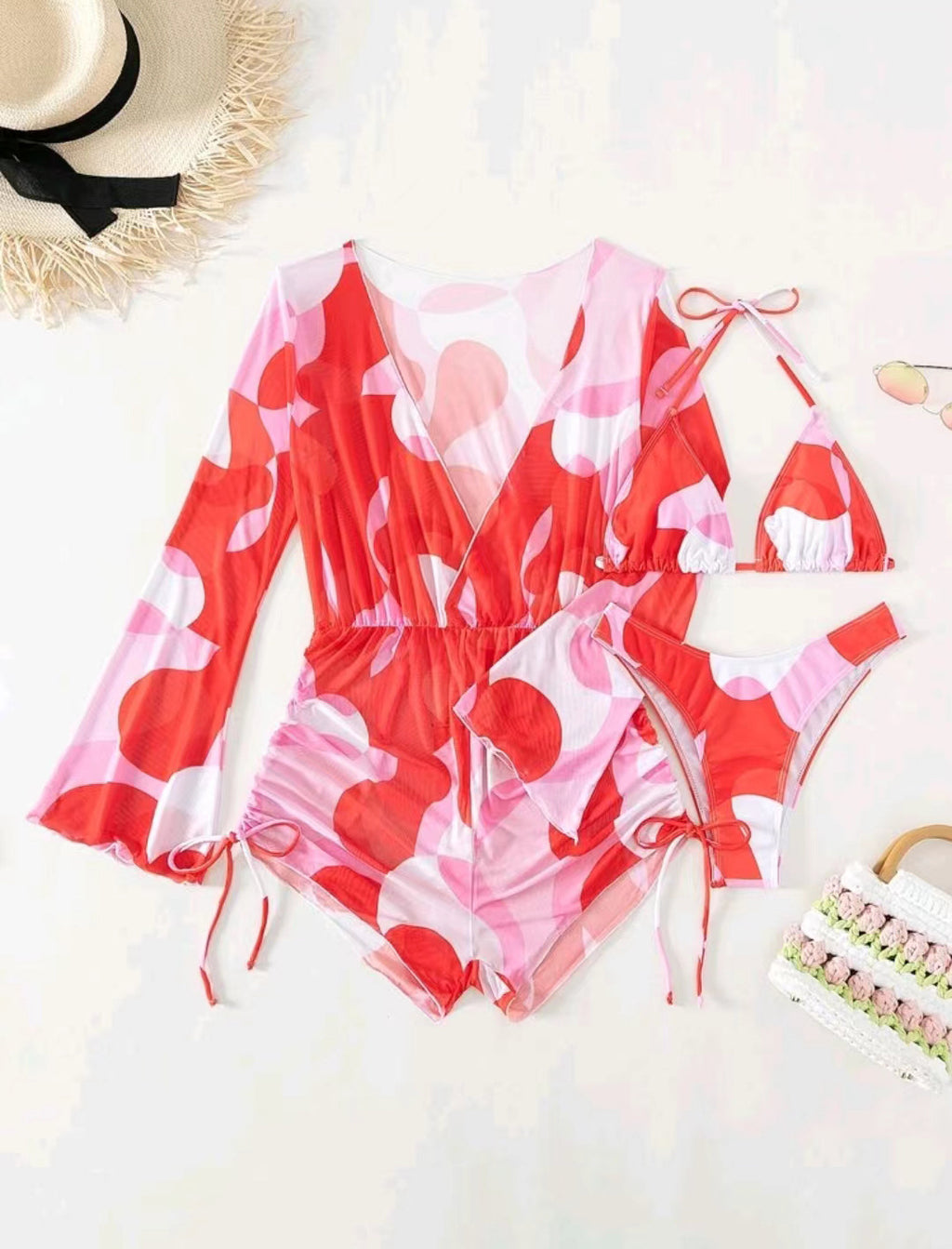 Jumpsuit long sleeved mesh hood bikini three piece swimsuit women's bikini