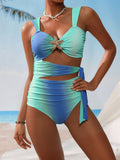 Gradient thick shoulder strap waist hollow lace up one-piece bikini swimsuit for women