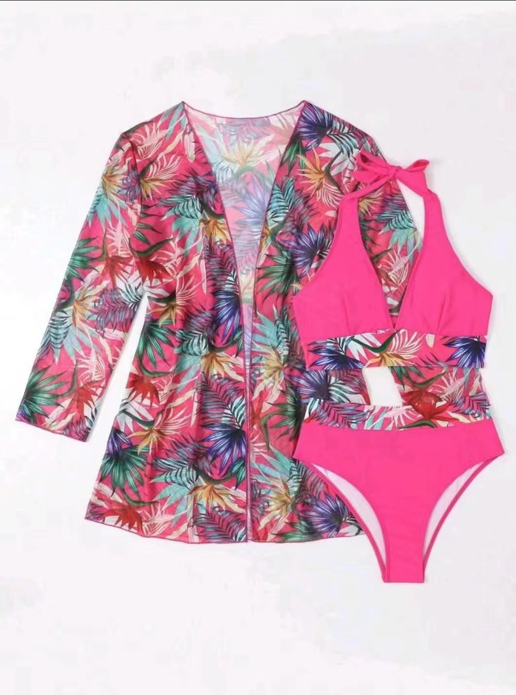 Swimsuit long sleeved draped veil top high waisted bikini three piece design