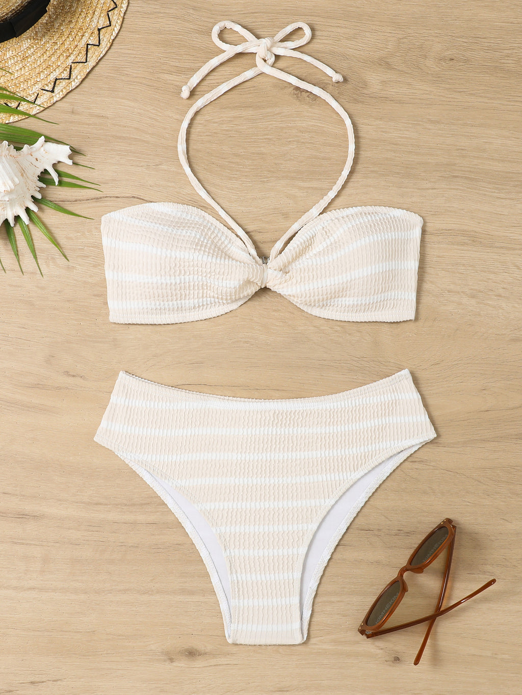 Bikini striped split neck swimsuit