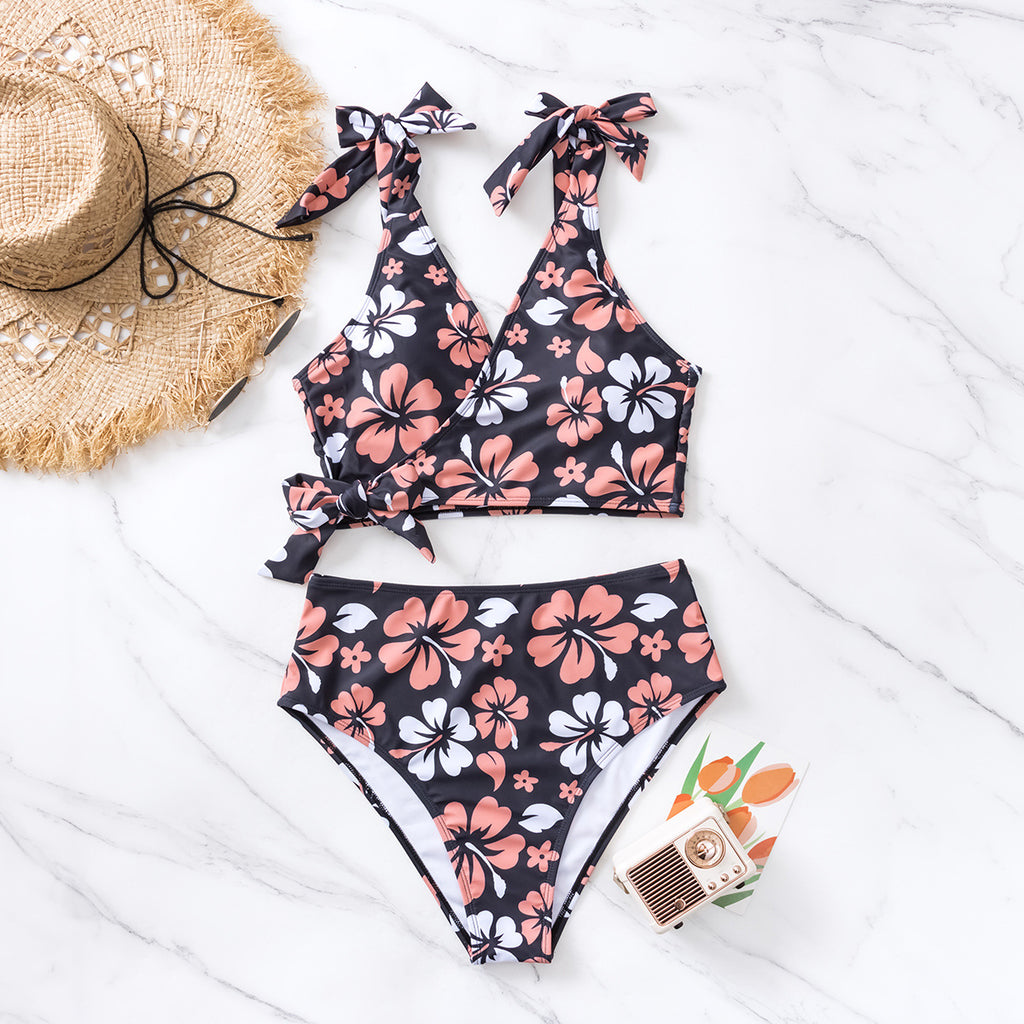 Cross tie printed backless high waisted sexy bikini split swimsuit for women