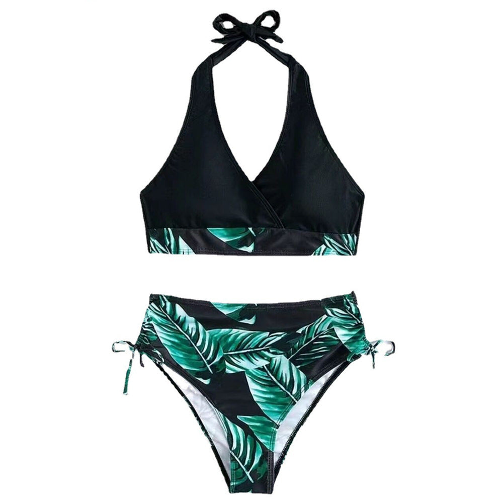 Split neck high waist backless bikini swimsuit for women
