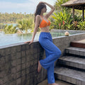 High waisted wide leg long pants women's contrasting color women's swimsuit three piece set