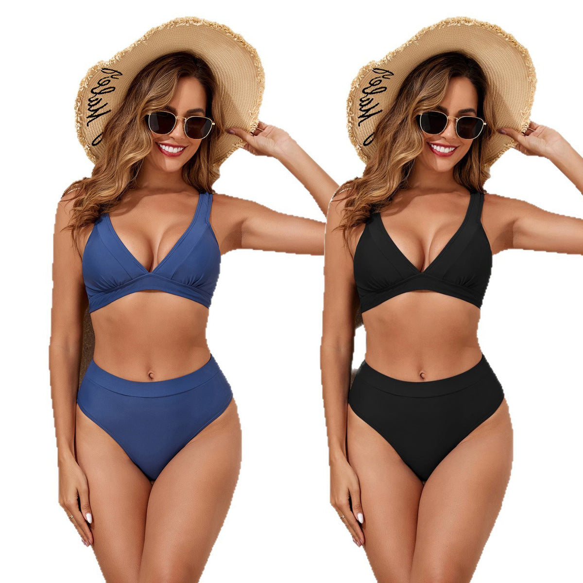 Split high waisted solid color bikini