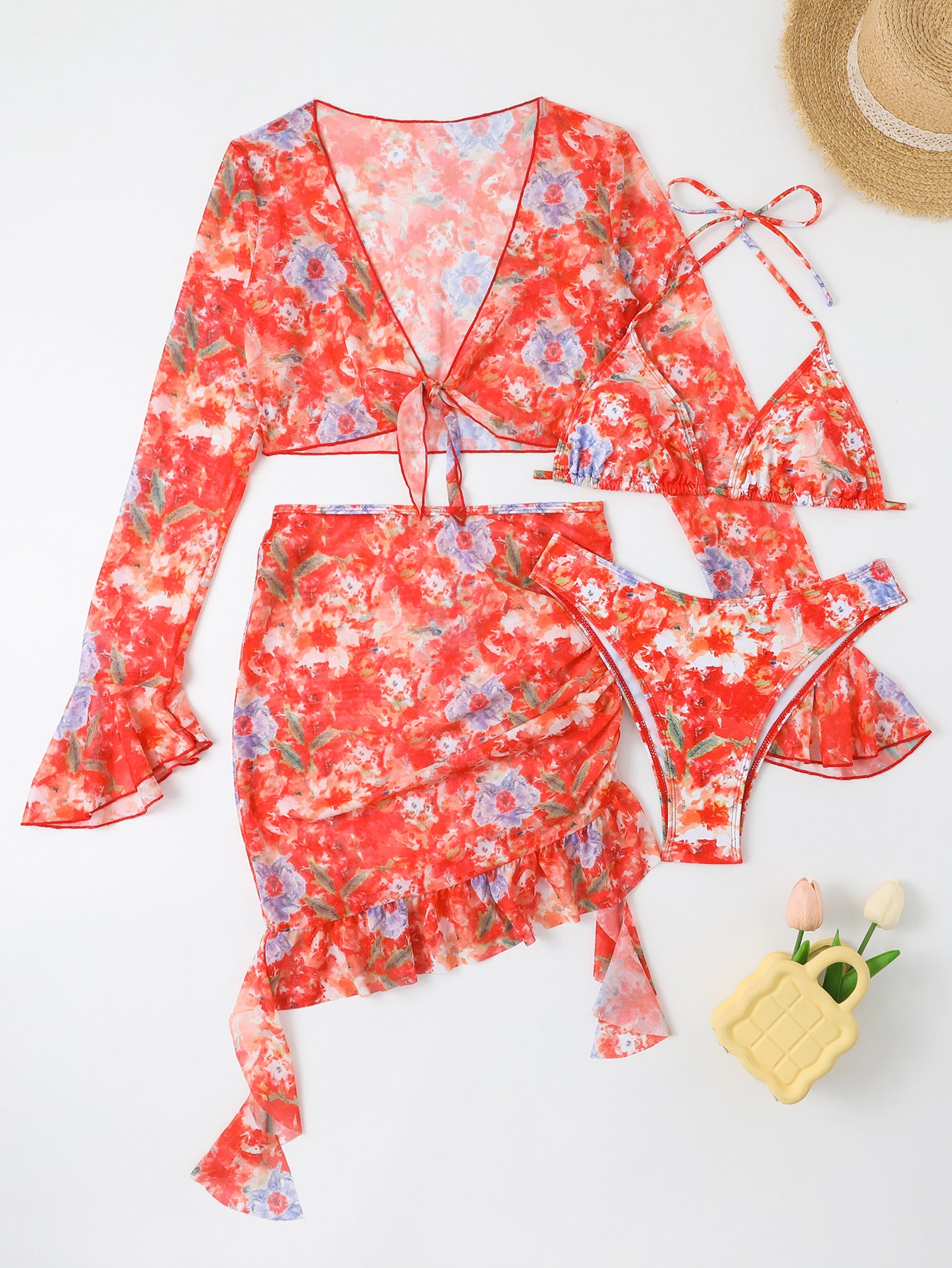 Four piece printed long sleeved hip hugging skirt