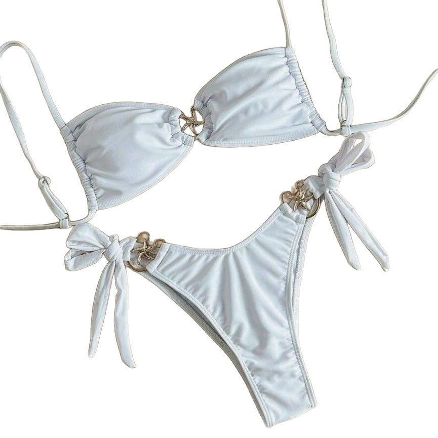 solid color two-piece swimsuit starfish sexy strap drawstring bikini