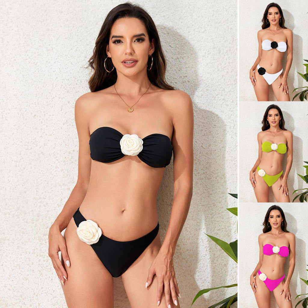 Solid color 3D floral bikini split