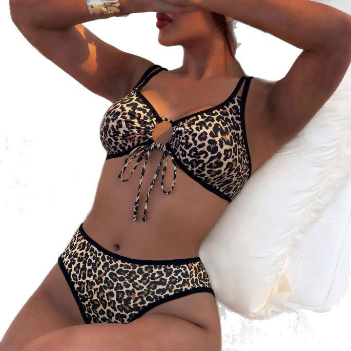 High waisted tied leopard print bikini swimsuit