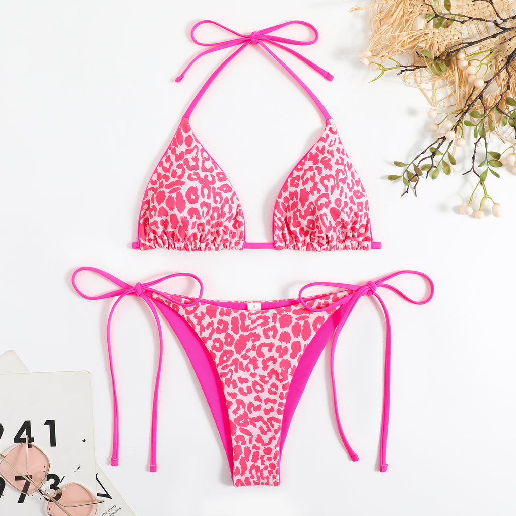 Leopard striped drawstring bikini swimsuit bikini