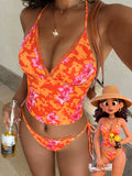 Orange printed lace border strap sexy split vacation bikini swimsuit