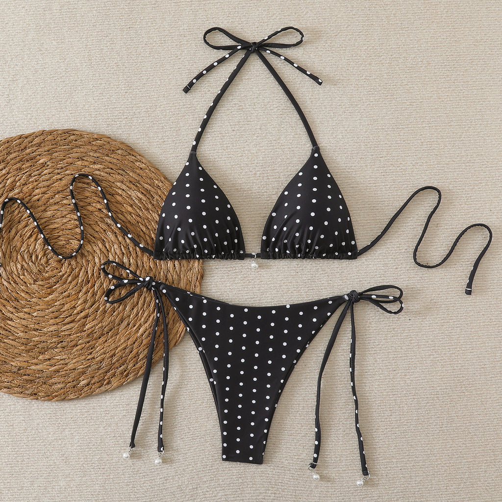 Fresh Dot Print, Strapless Halter Neck, Two-Piece Bikini Swimwear