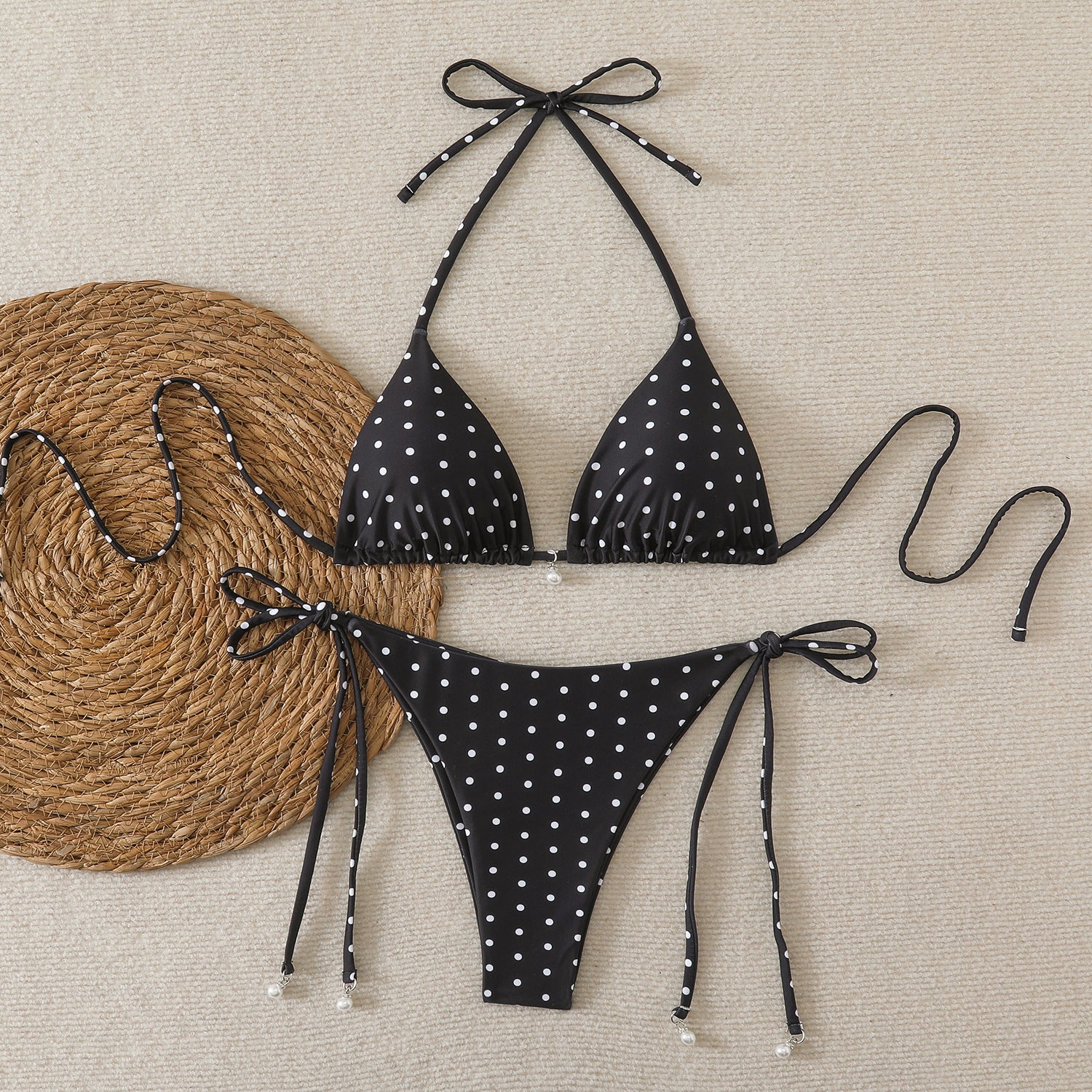 Fresh Dot Print, Strapless Halter Neck, Two-Piece Bikini Swimwear