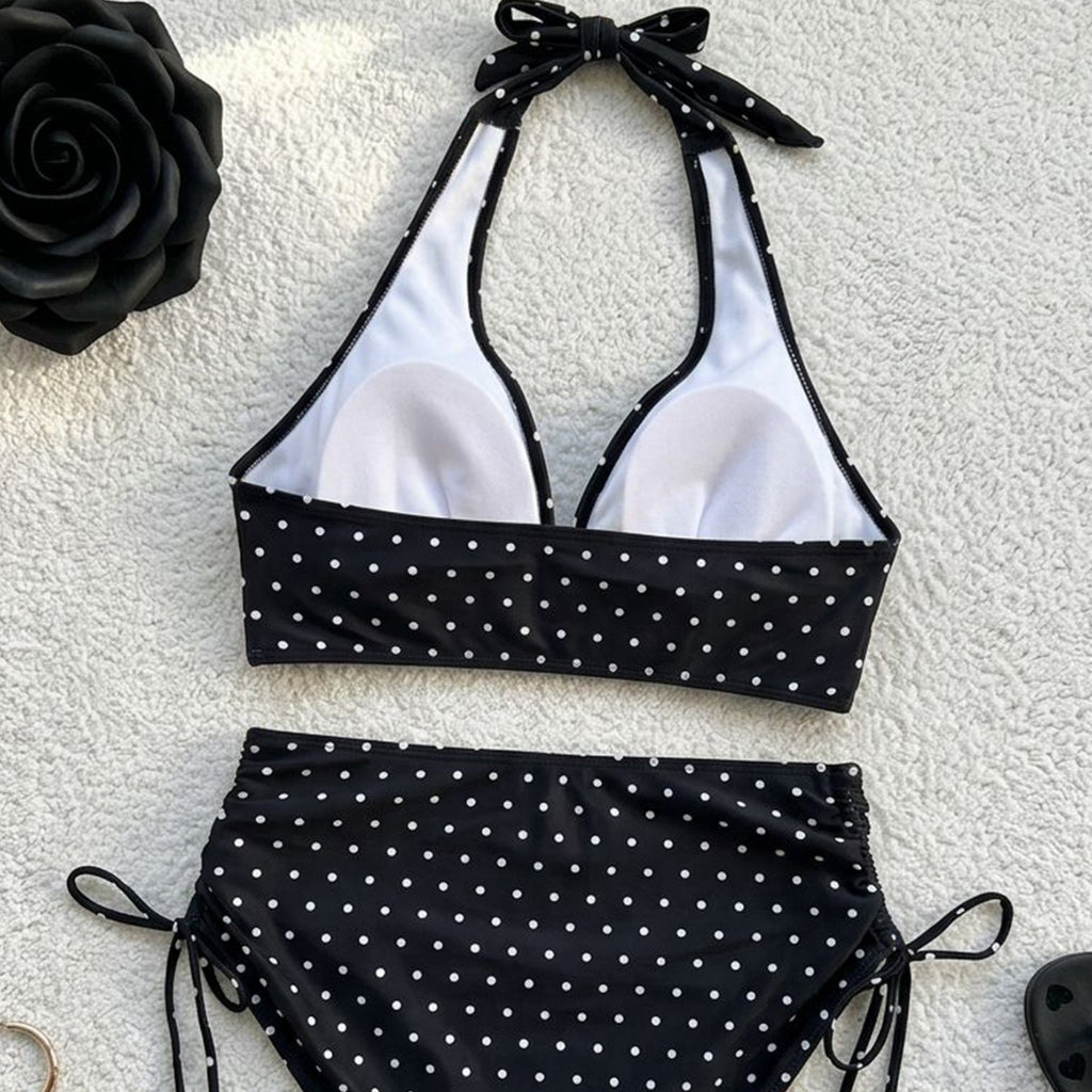 Polka print neck strap swimsuit drawstring high waist split bikini