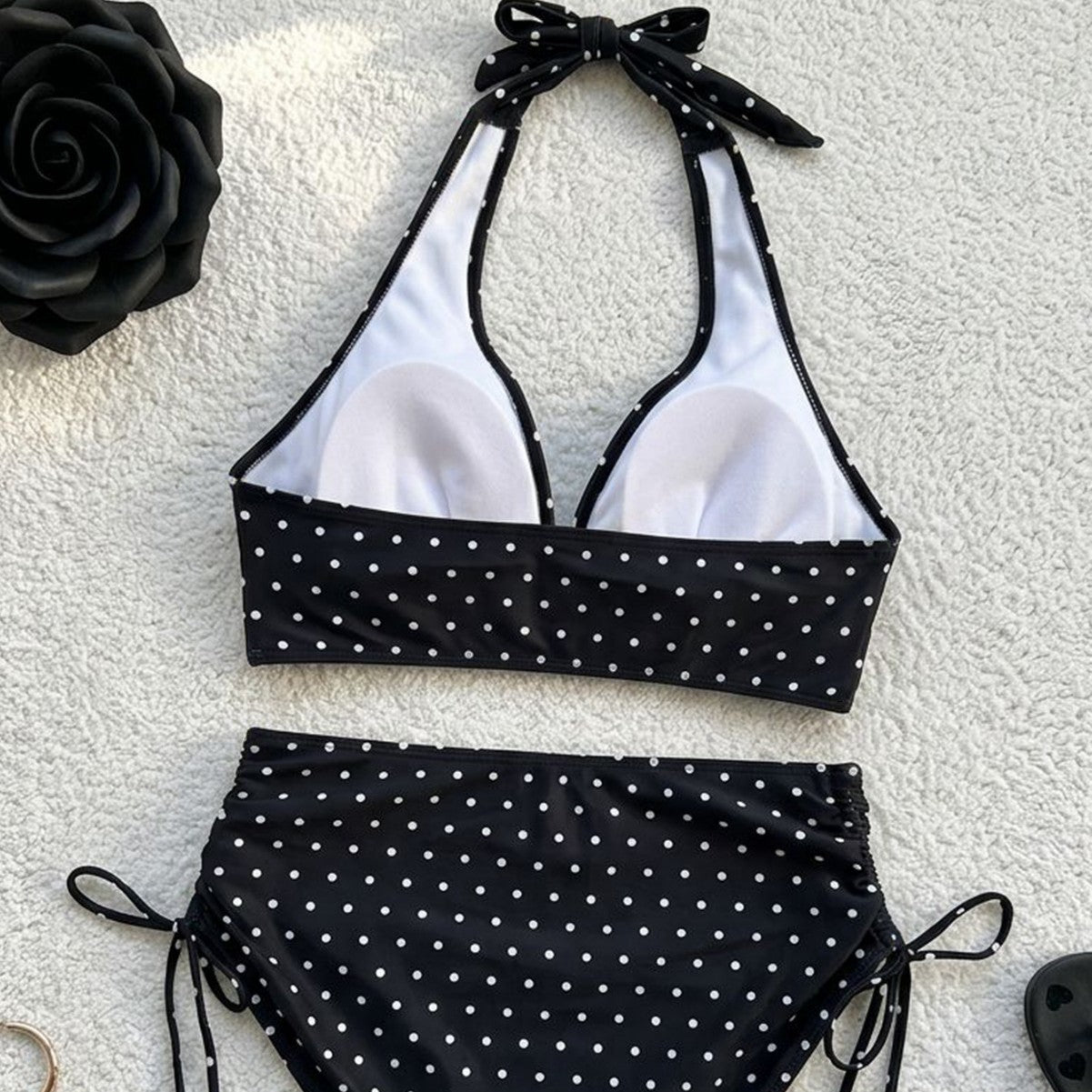 Polka print neck strap swimsuit drawstring high waist split bikini