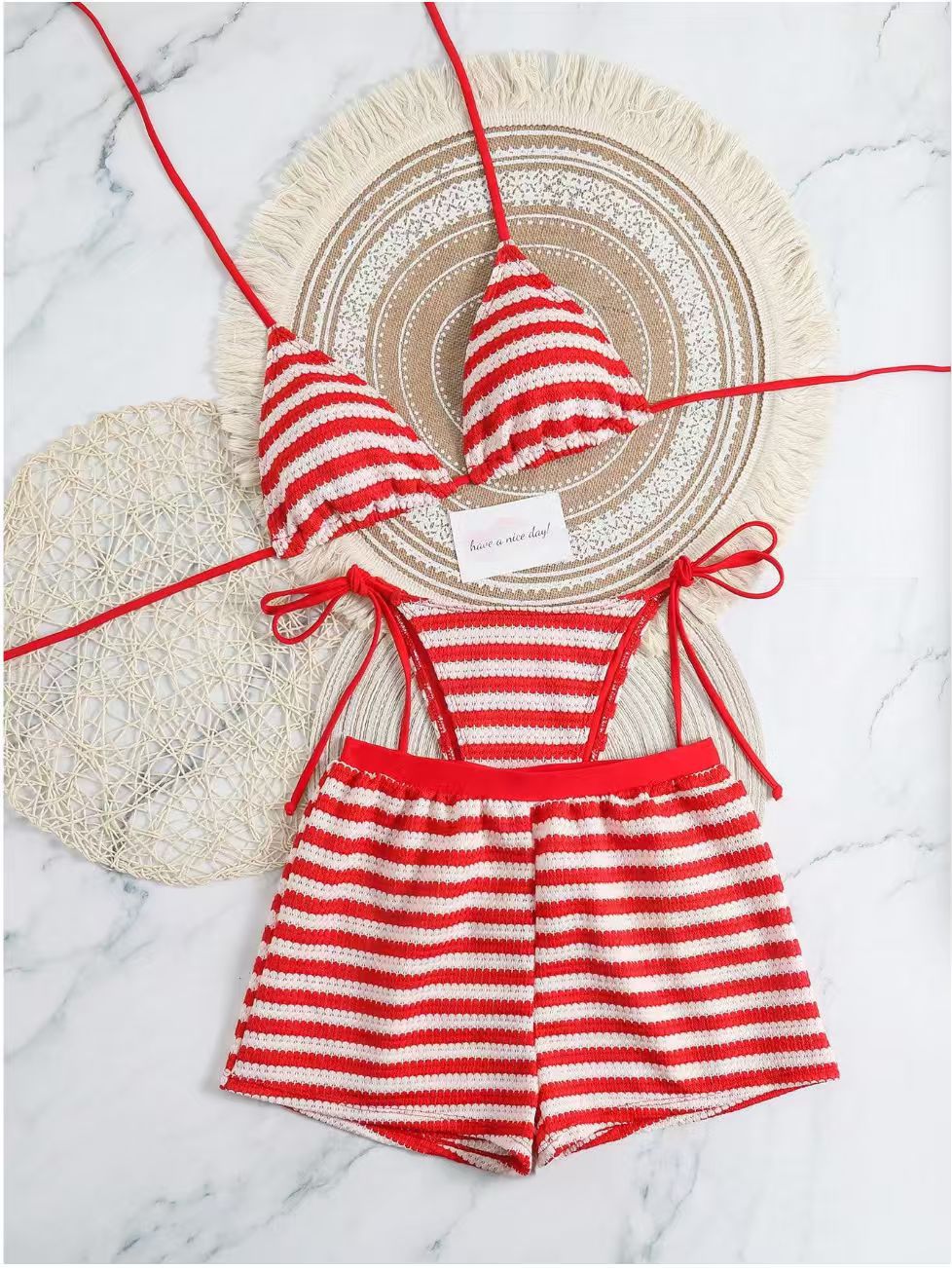 Stripe Knitted Separated Bikini Set with Briefs Three-Piece Swimwear