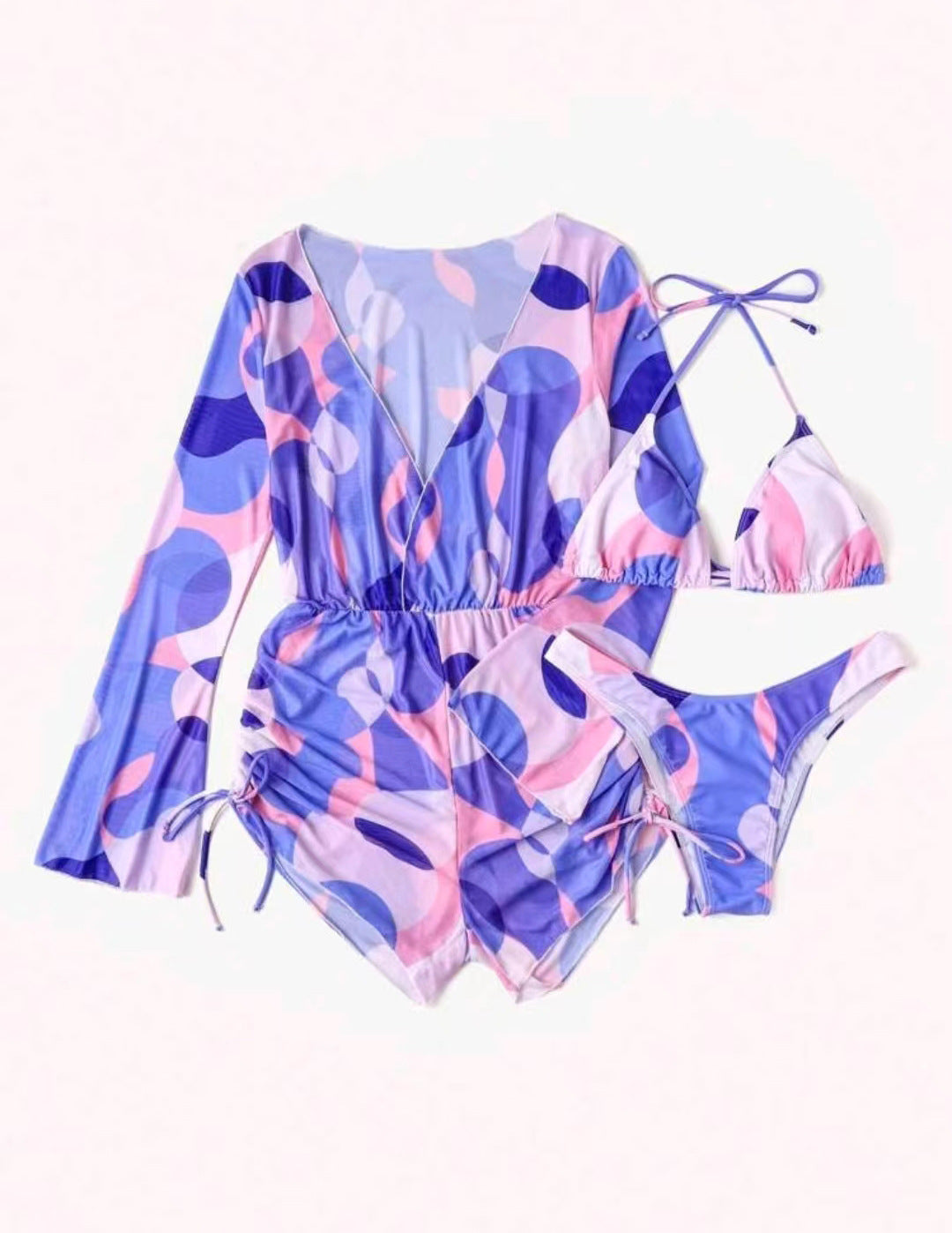 Jumpsuit long sleeved mesh hood bikini three piece swimsuit women's bikini