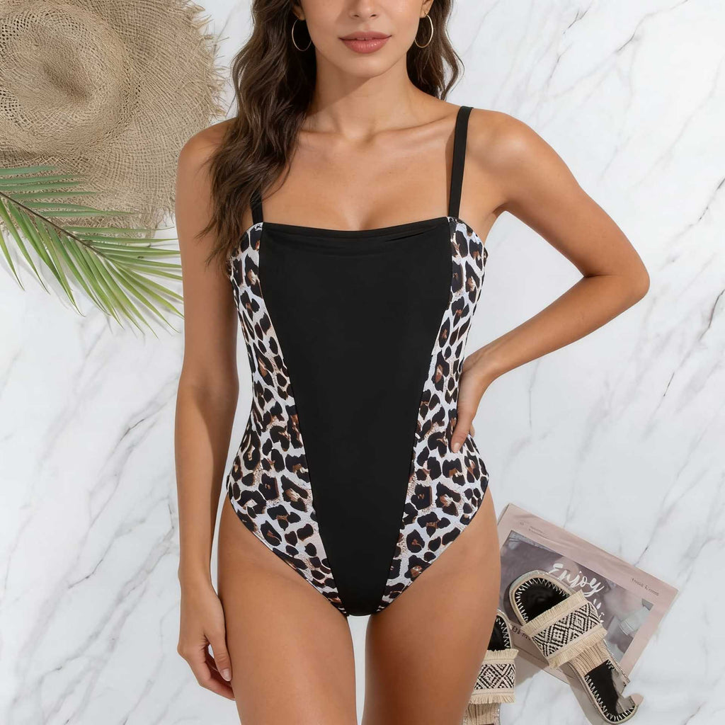 Leopard Print Sleeveless High Waist One-Piece Swimwear for Beach