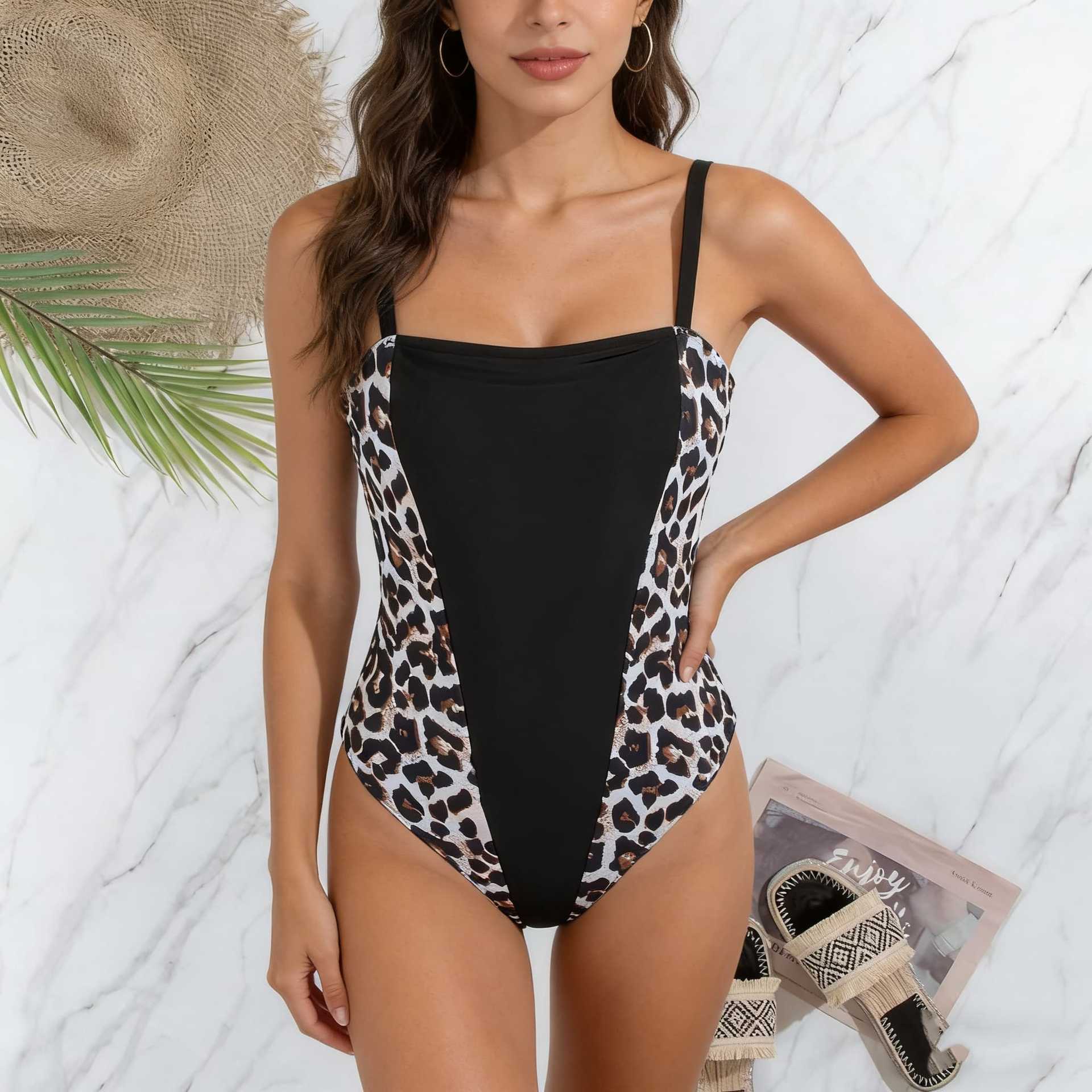 Leopard Print Sleeveless High Waist One-Piece Swimwear for Beach