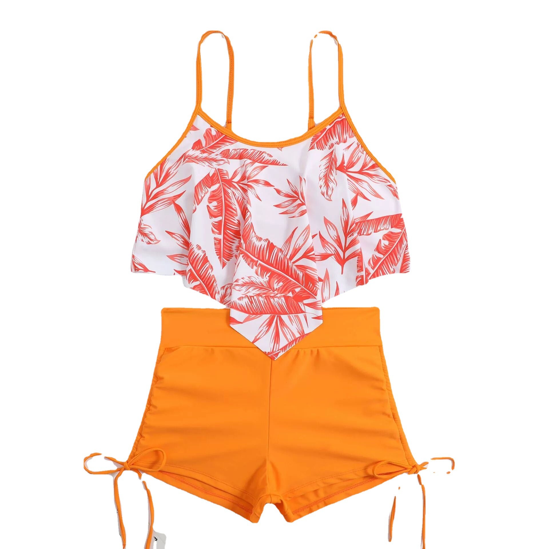 Split high waisted ruffled edge drawstring bikini swimsuit