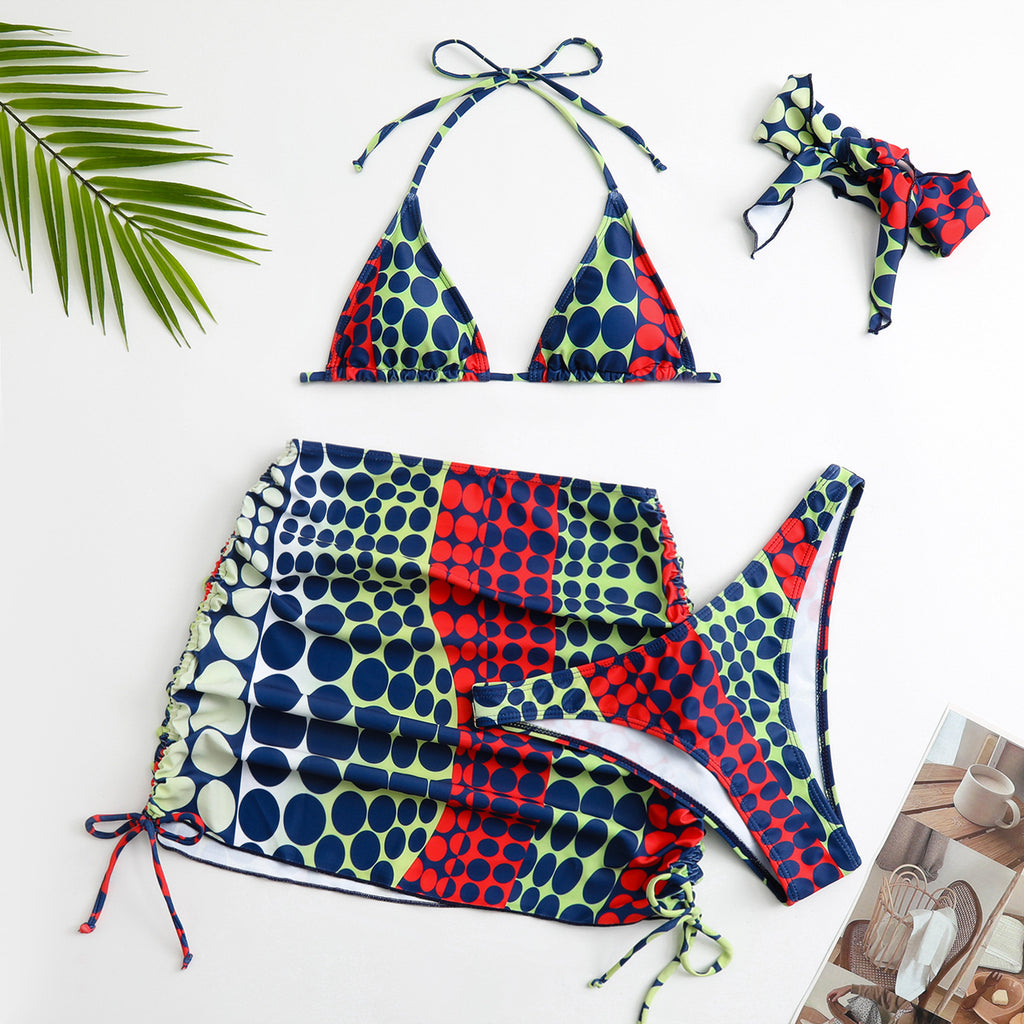 Headscarf skirt style bikini women's swimsuit four piece set