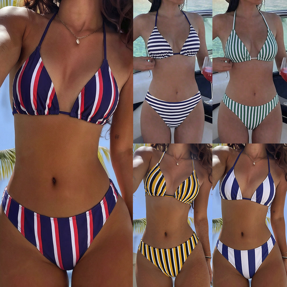 Striped printed triangular strap sexy split swimsuit