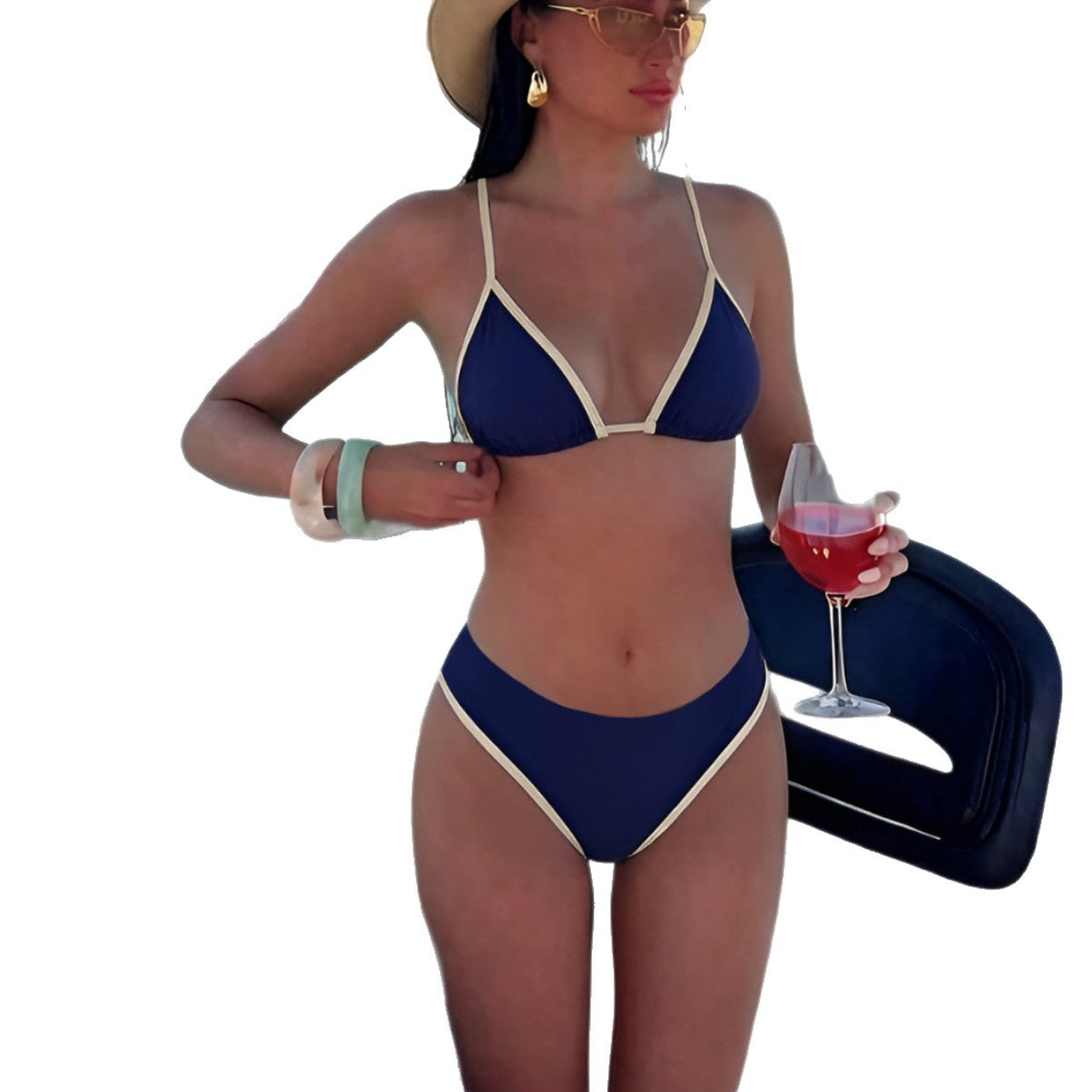 Color blocked lace up thong cross low waist sexy split swimsuit
