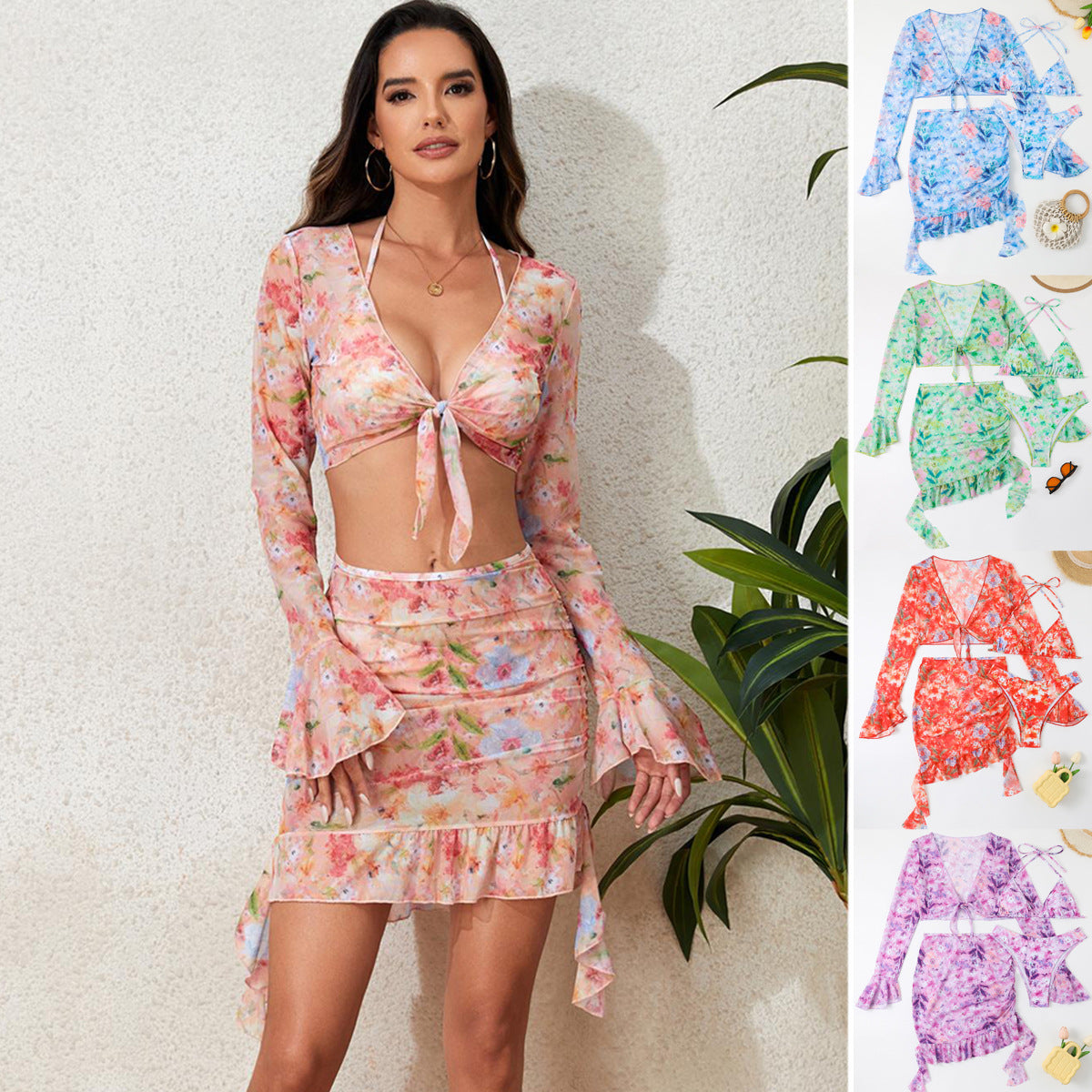 Four piece printed long sleeved hip hugging skirt