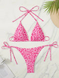 Pink Leopard Print Bikini Set for Women, Halter Neck Two-Piece Swimsuit with Elegant Design