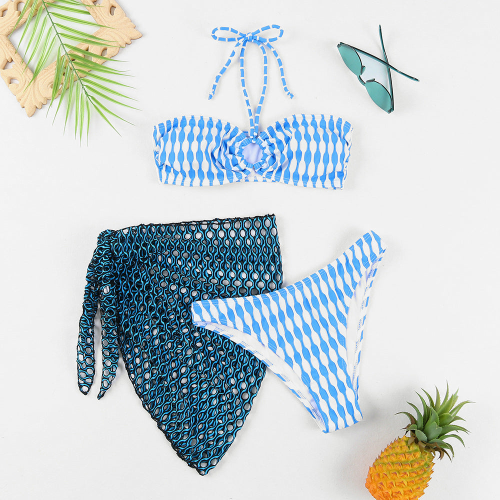 Three piece striped swimsuit set