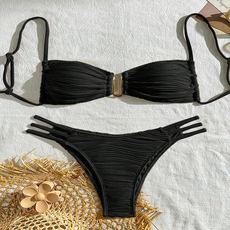 Sexy Solid Color Strapless U-Neck Cutout Bikini Swimwear