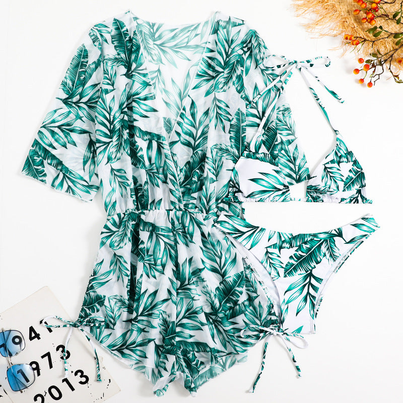 Printed Bikini Sunscreen Outer Mesh Three Piece Swimsuit Bikini