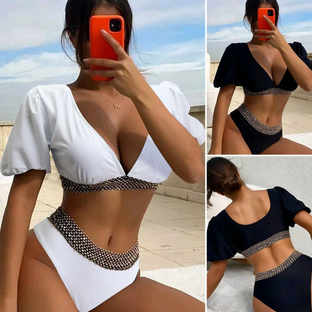 Split triangle high waisted half sleeved bikini swimsuit for women