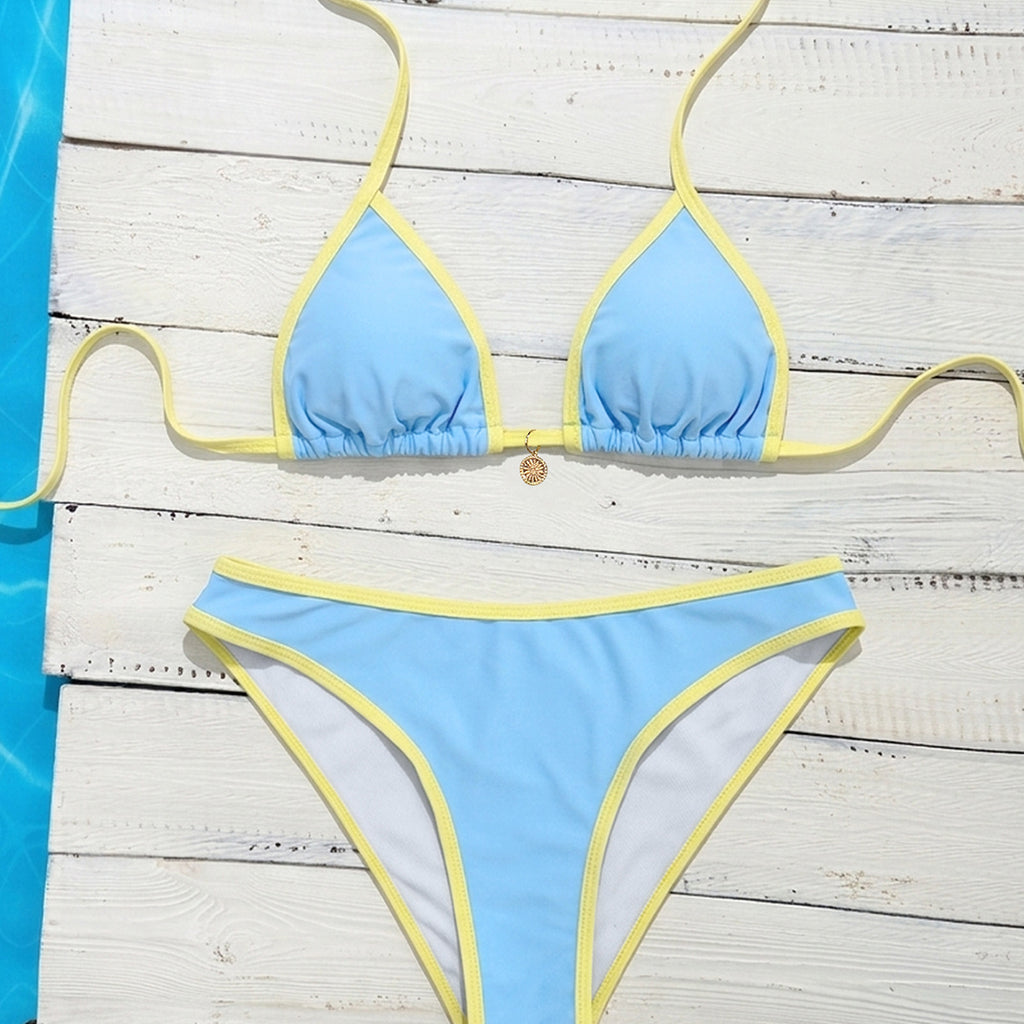 Color blocked lace up triangle low waist sexy split bikini set