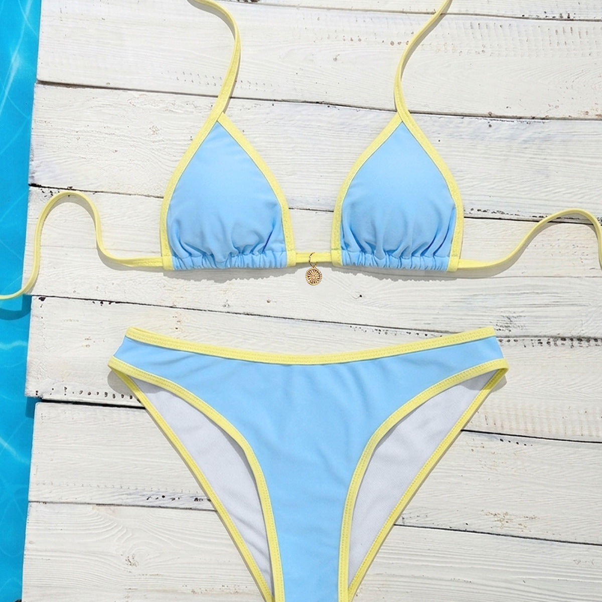 Color blocked lace up triangle low waist sexy split bikini set