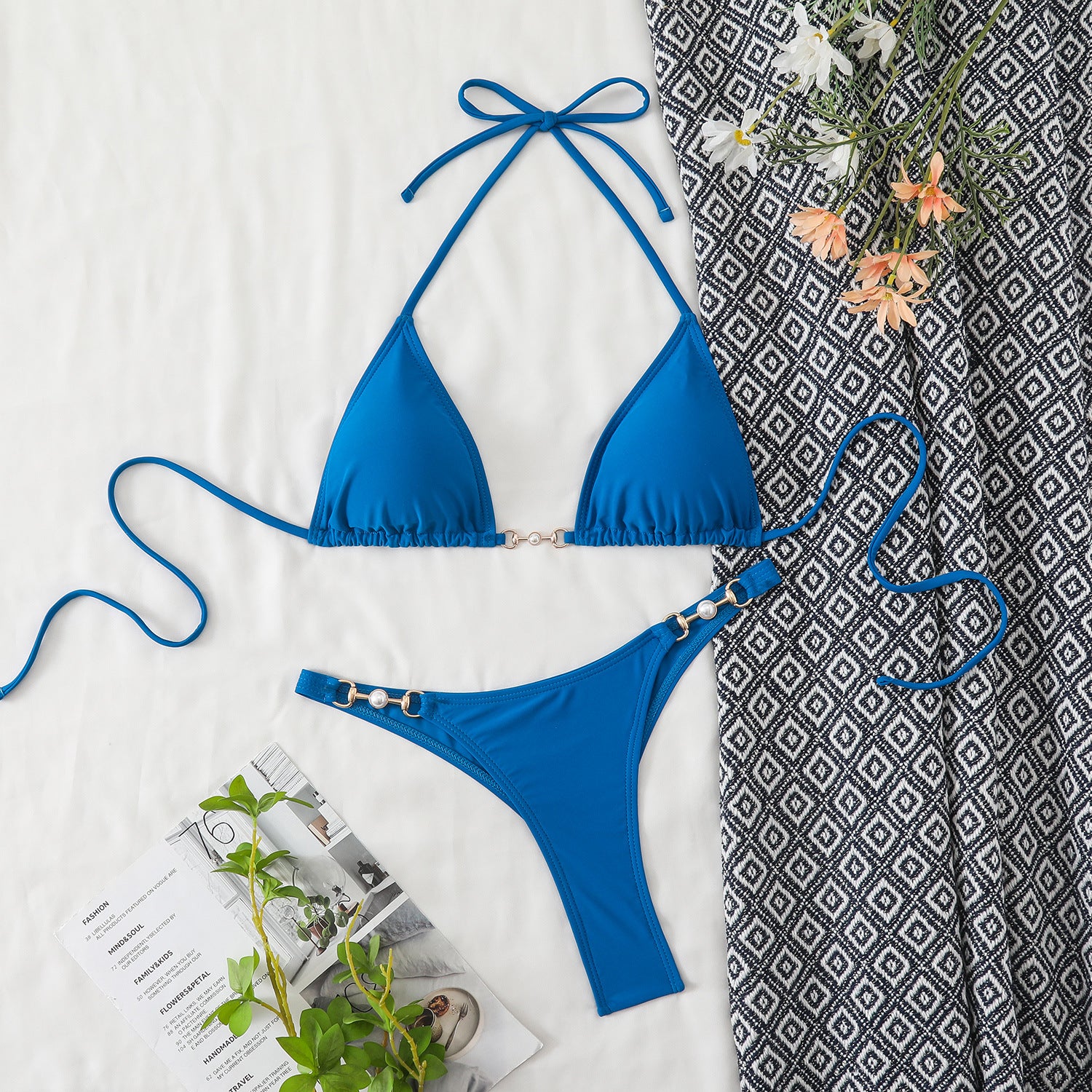 bikini set for women, solid color, tie-strap halter triangle bikini